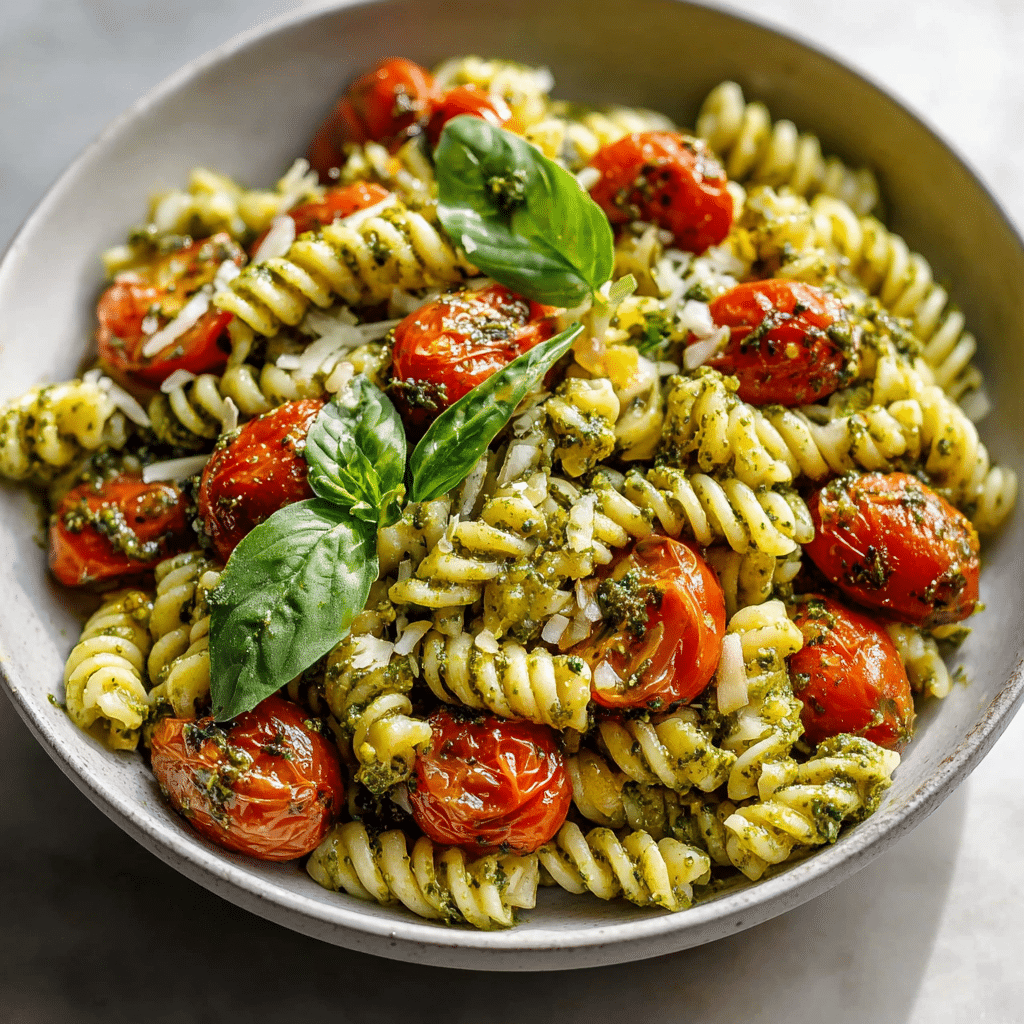 Fusilli pasta with fresh basil pesto, roasted cherry tomatoes, and grated parmesan cheese, garnished with basil leaves.