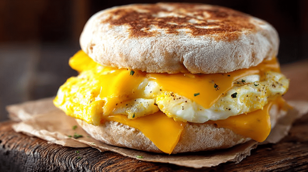 Breakfast sandwich with fluffy scrambled eggs and melted cheddar cheese on an English muffin