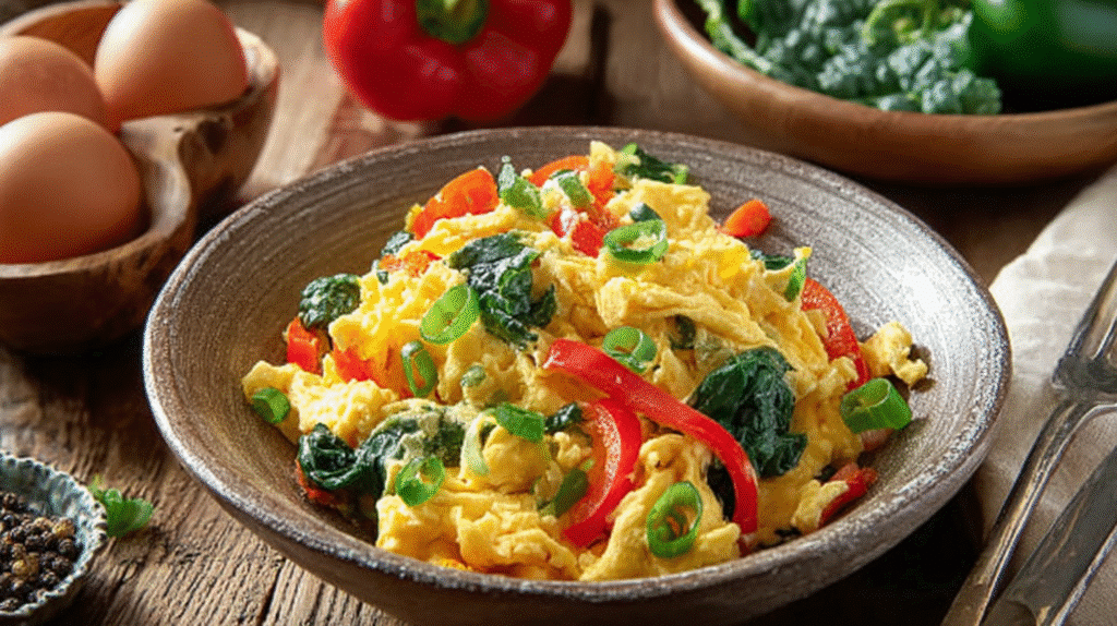 Scrambled eggs with spinach, red bell peppers, and green onions in a rustic bowl