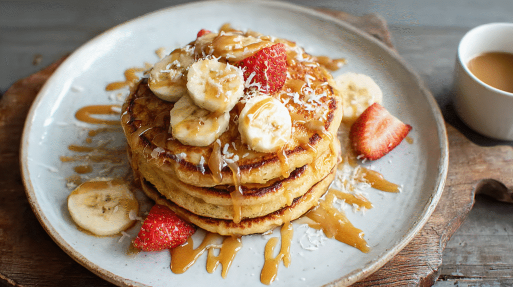 Fluffy pancakes topped with banana slices, strawberries, shredded coconut, and caramel drizzle on a rustic plate