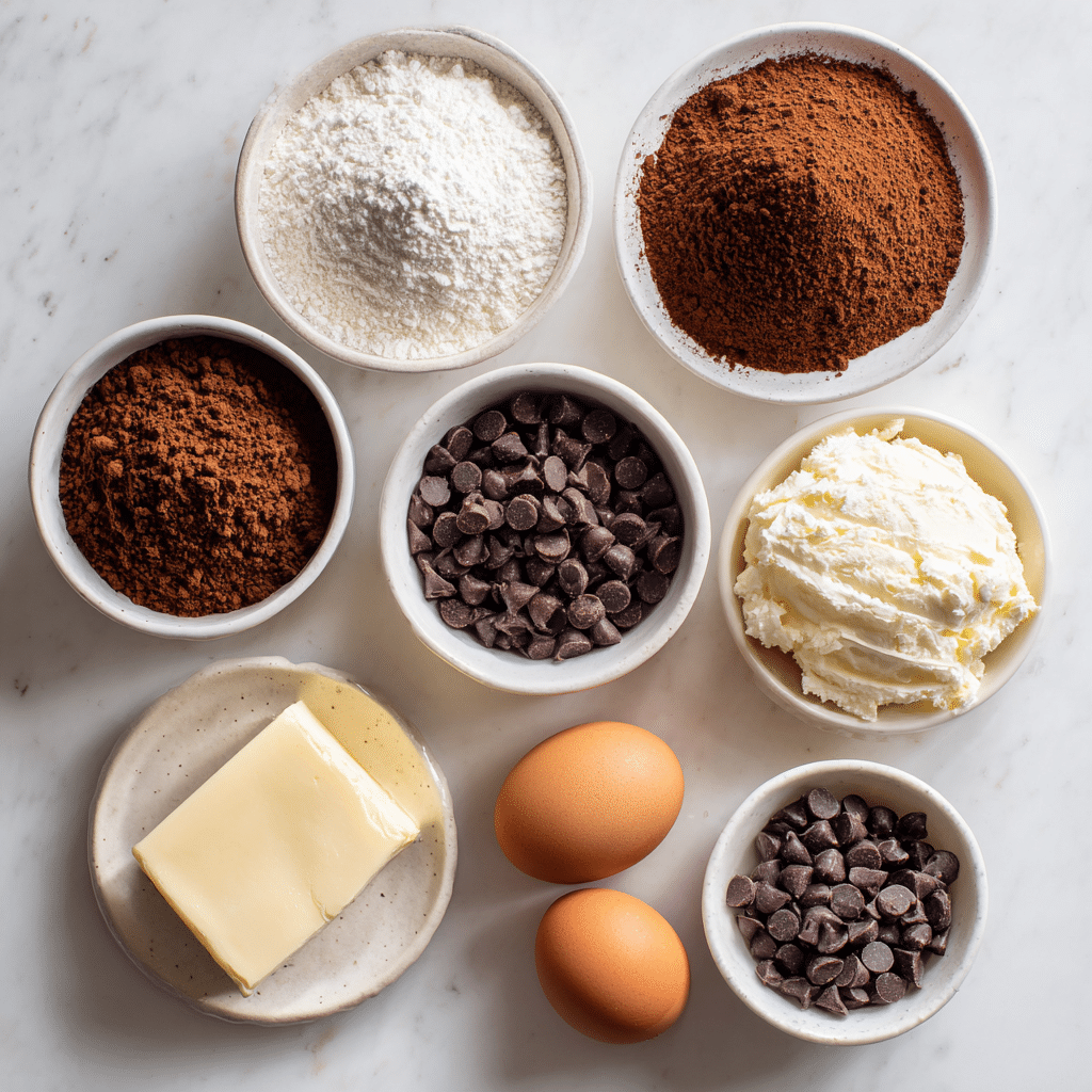 Ingredients for Spiderweb Brownies on white counter