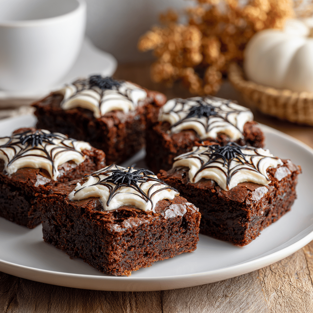 Sliced Spiderweb Brownies on white serving plate