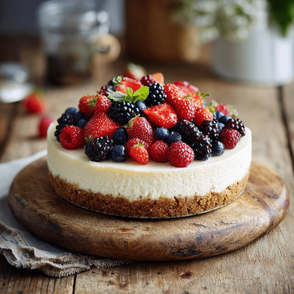 Dairy free gluten free cheesecake with berry topping