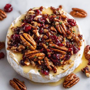 Baked Brie with Cranberry Pecan Topping on white plate