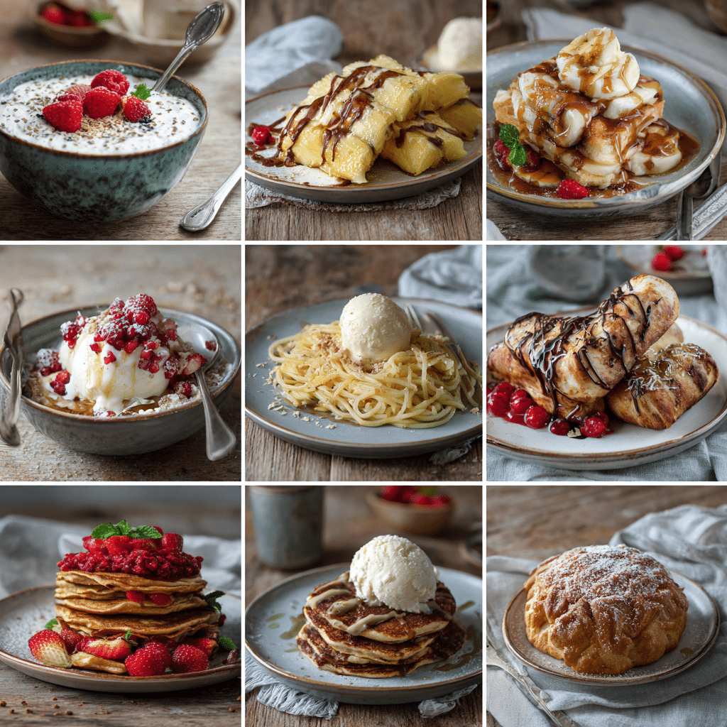 Rustic wooden table filled with nine delicious dishes including pancakes, pasta, bread, wraps, yogurt bowl, chocolate mousse, and ice cream, styled in a bright kitchen setting