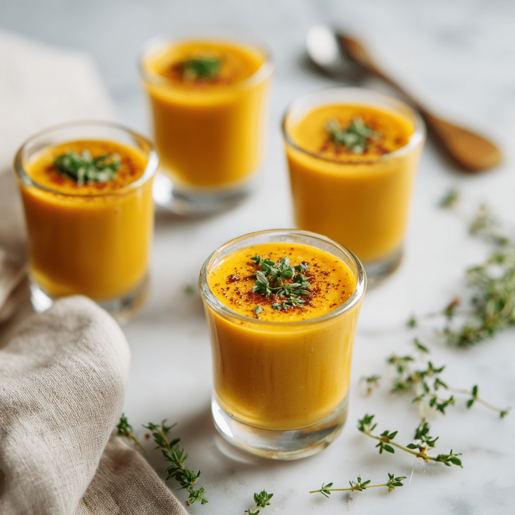 Butternut Squash Soup Shooters served in mini glasses on marble