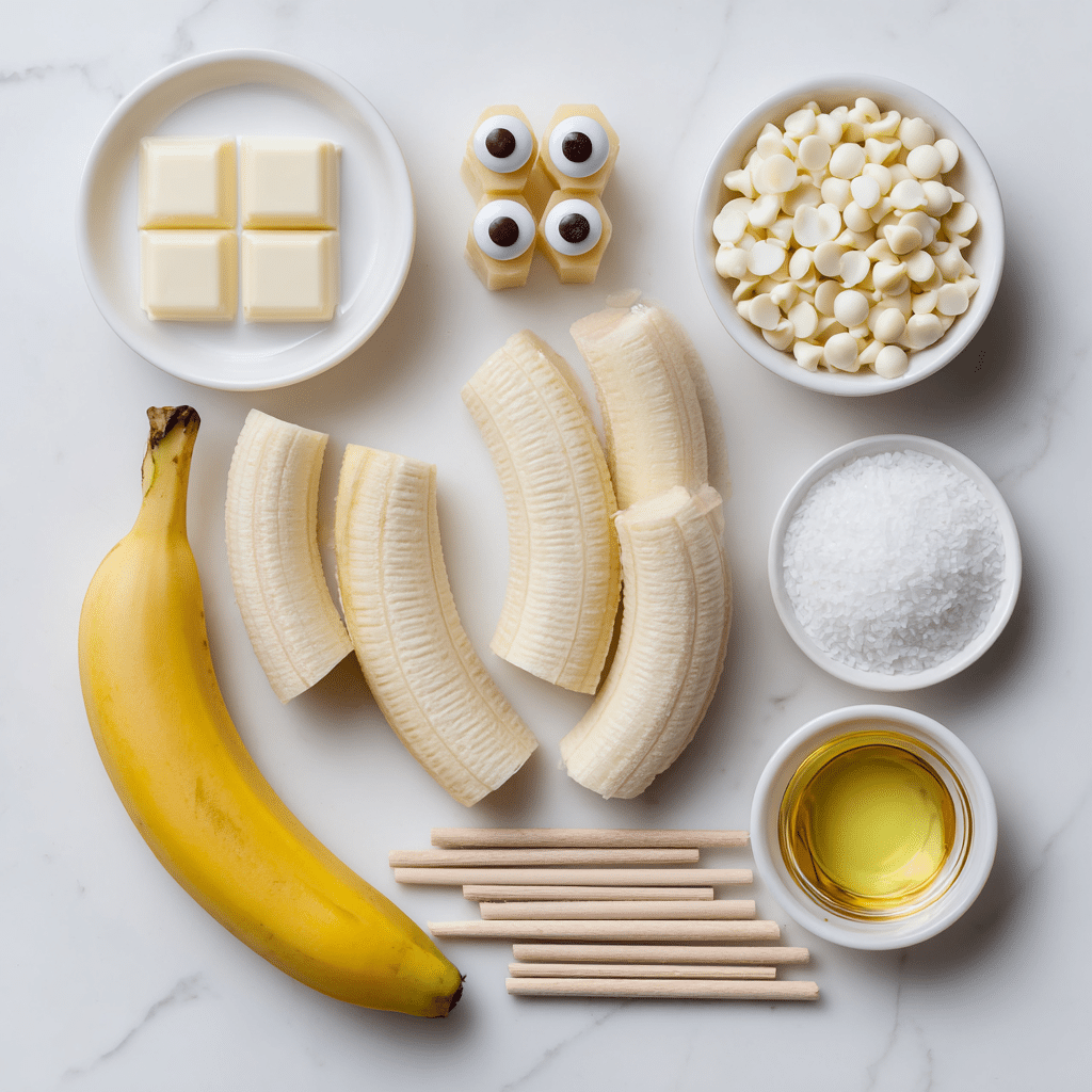 Ingredients for Ghostly Banana Pops on white surface