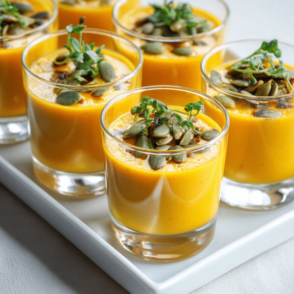 Served Butternut Squash Soup Shooters garnished with herbs and seeds