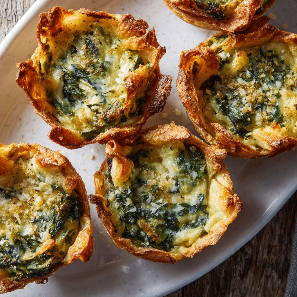 Spinach and Artichoke Dip Cups served on a rustic wooden table