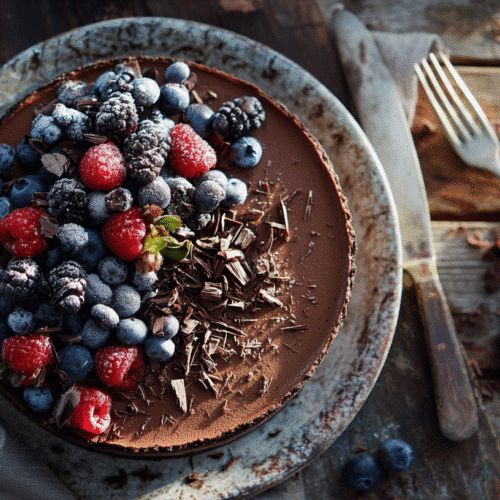 gluten free no bake chocolate cheesecake on rustic table