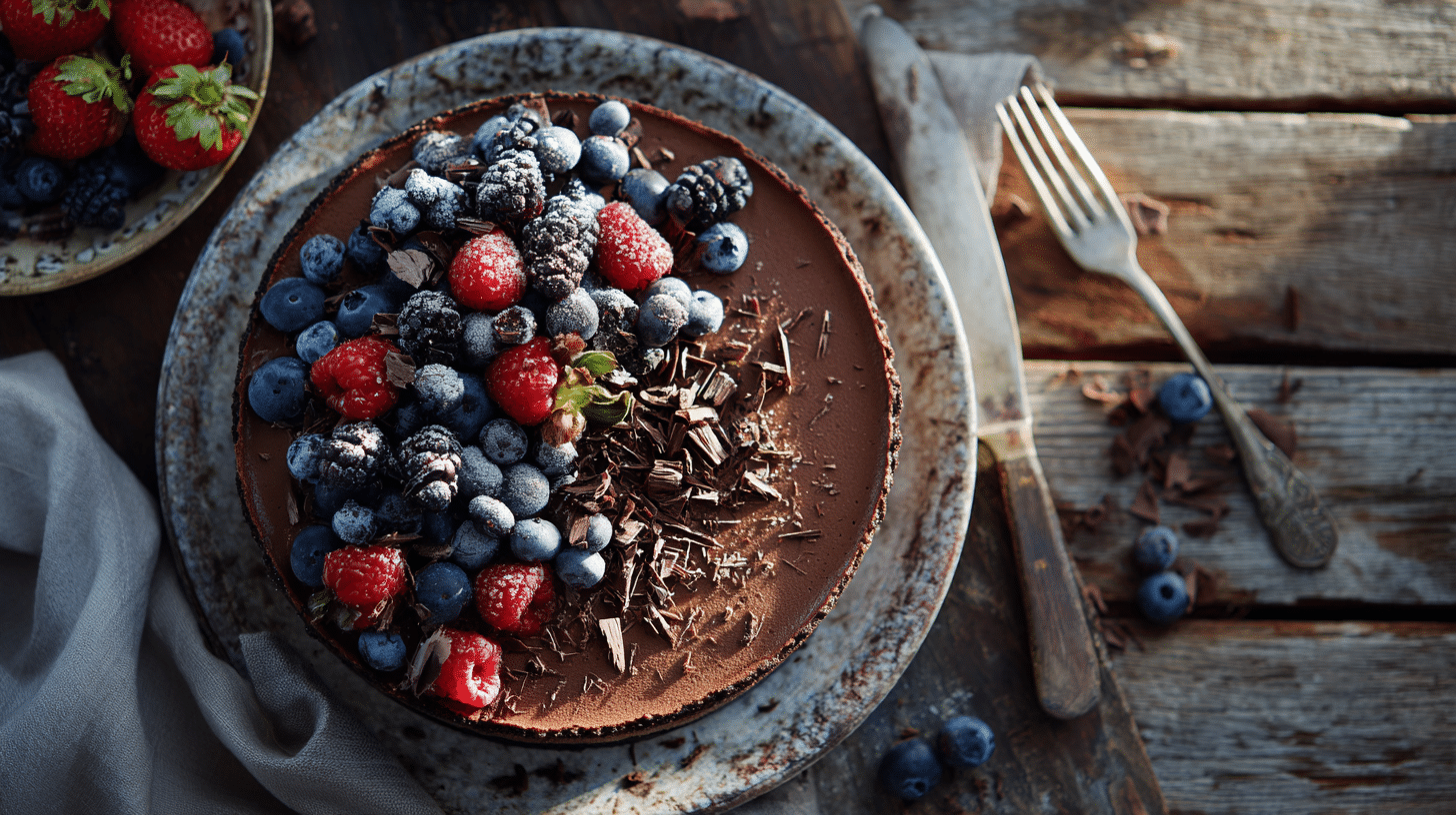 gluten free no bake chocolate cheesecake on rustic table