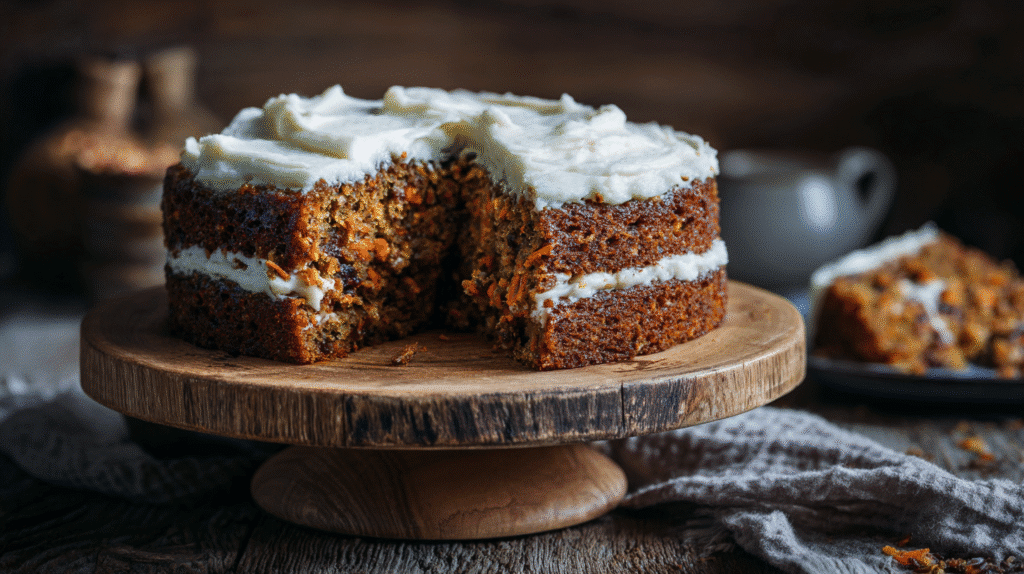 Gluten free dairy free carrot cake on wooden stand
