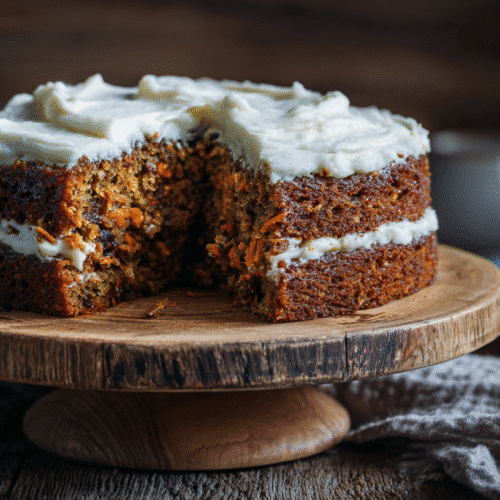 Gluten free dairy free carrot cake on wooden stand