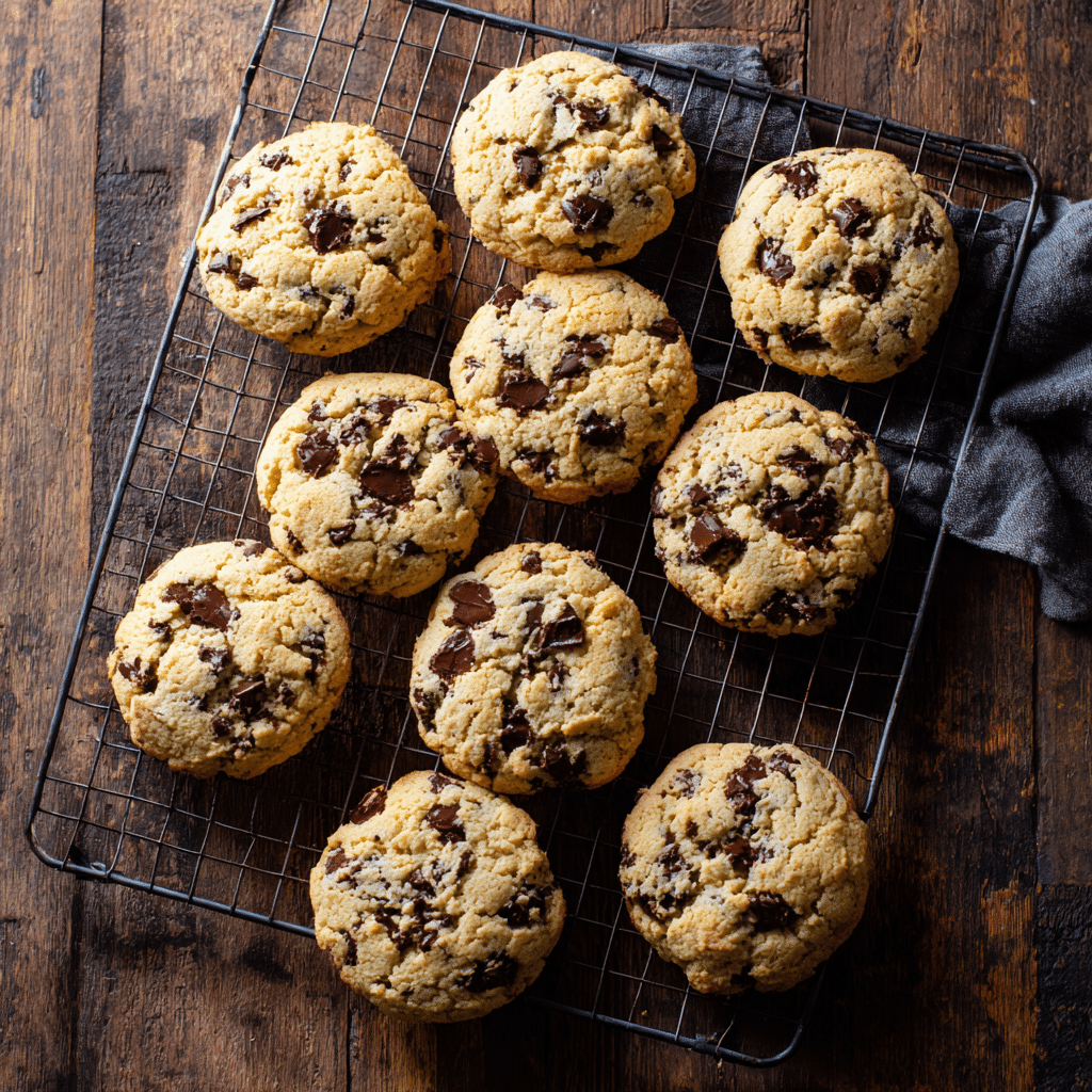 Freshly baked vegan gluten free chocolate chip cookies cooling on a rack