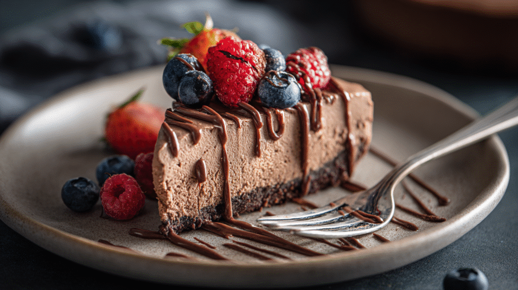 slice of gluten free no bake chocolate cheesecake on plate