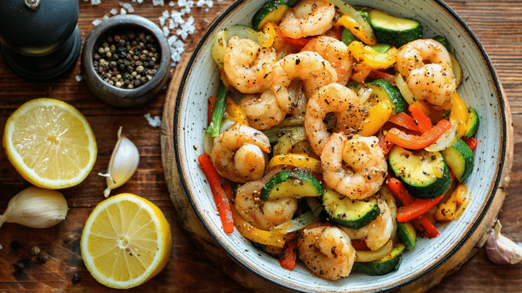 Lemon Pepper Shrimp Stir Fry with fresh vegetables