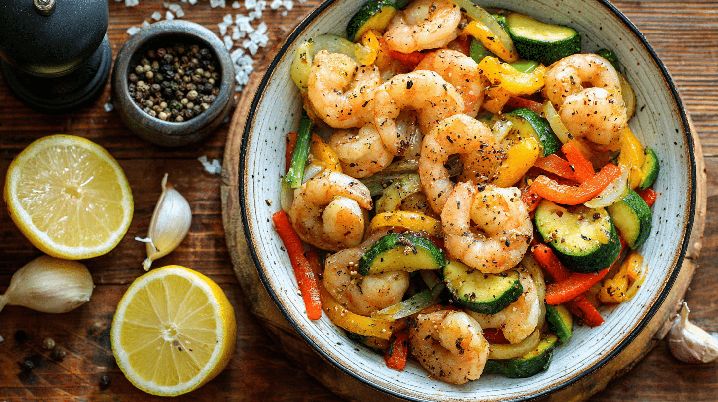 Lemon Pepper Shrimp Stir Fry with fresh vegetables