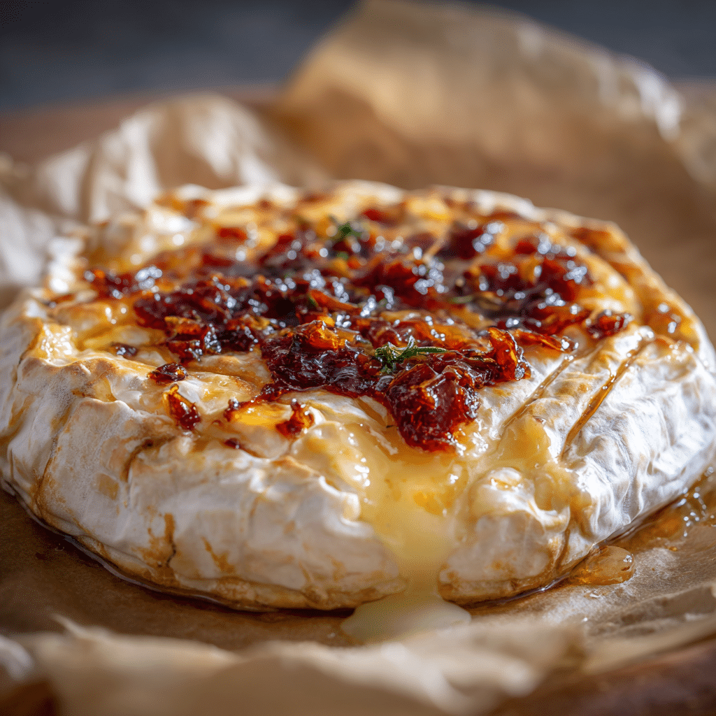 Spoon adding cranberry pecan topping to Brie