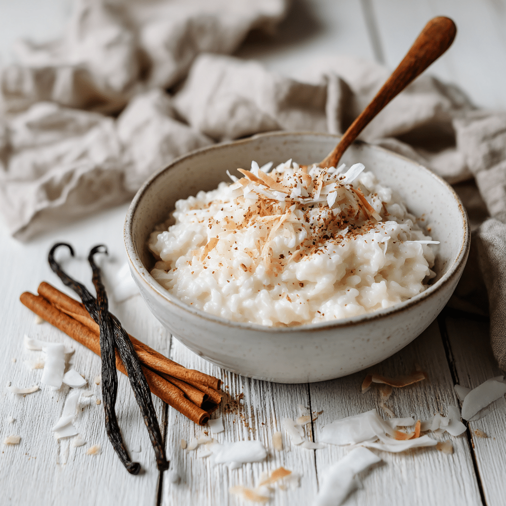 Coconut milk rice pudding gluten free in a white bowl with cinnamon and vanilla on rustic table