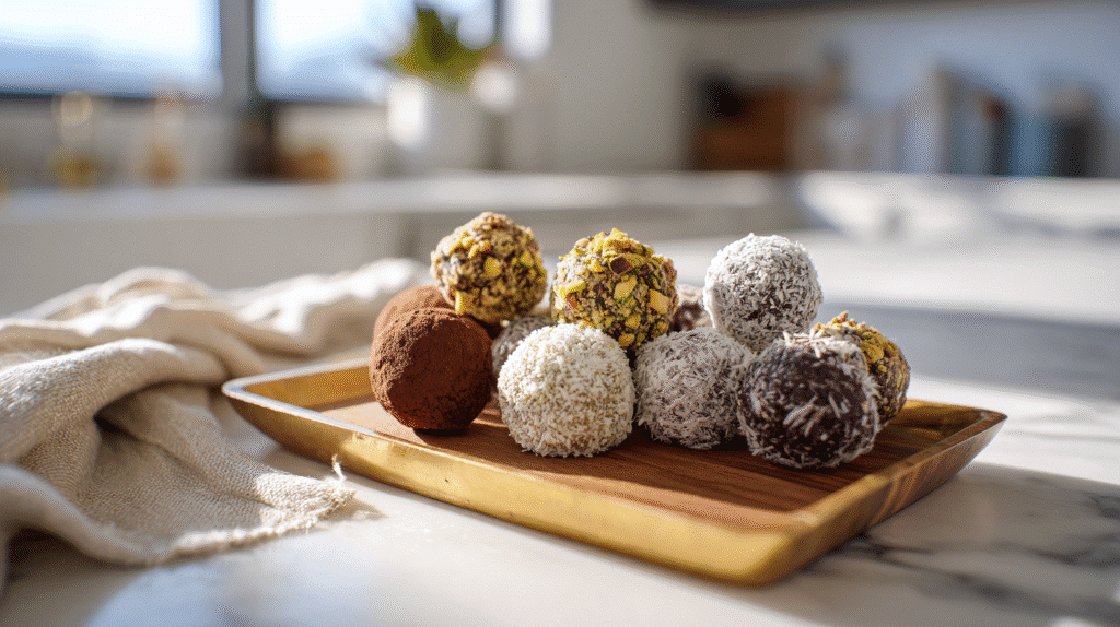 Dairy free gluten free chocolate truffles on a marble tray