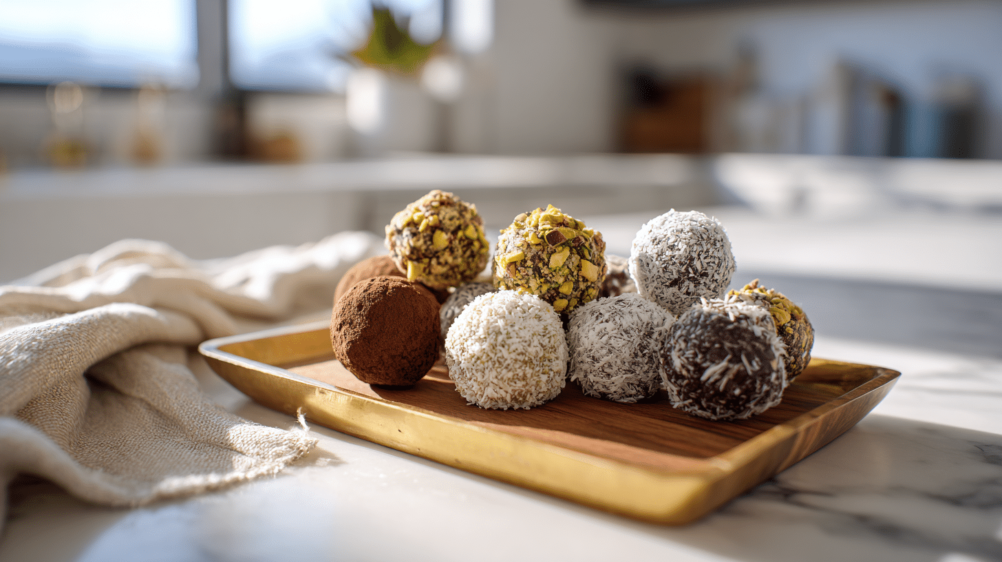 Dairy free gluten free chocolate truffles on a marble tray