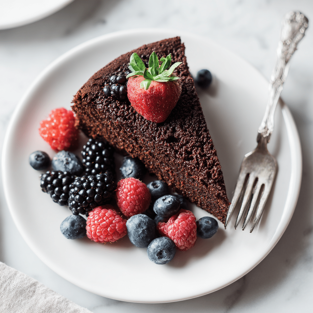 Dairy free gluten free chocolate cake served with berries