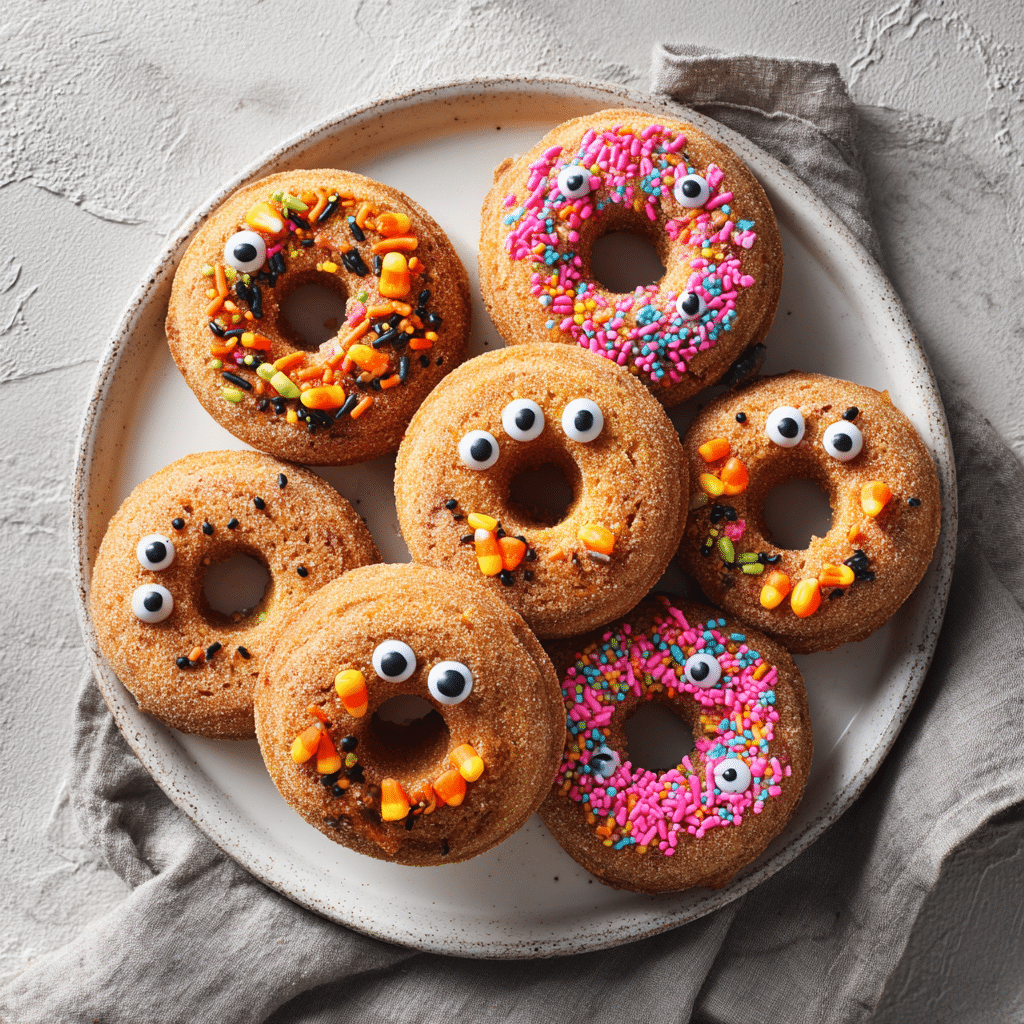 Spooky Apple Cinnamon Donuts on white plate with Halloween sprinkles