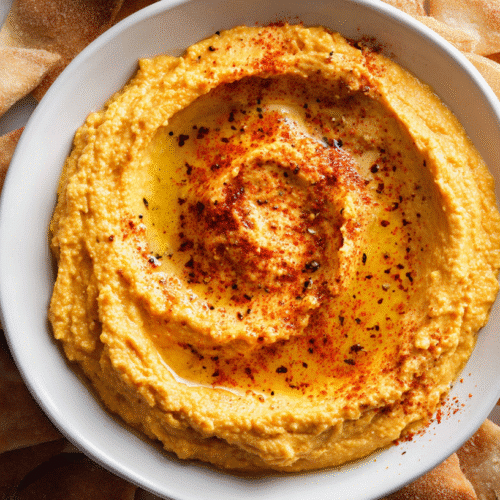 Pumpkin Hummus with Gluten Free Pita Chips served on a white plate