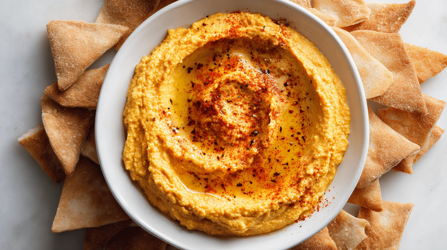 Pumpkin Hummus with Gluten Free Pita Chips served on a white plate