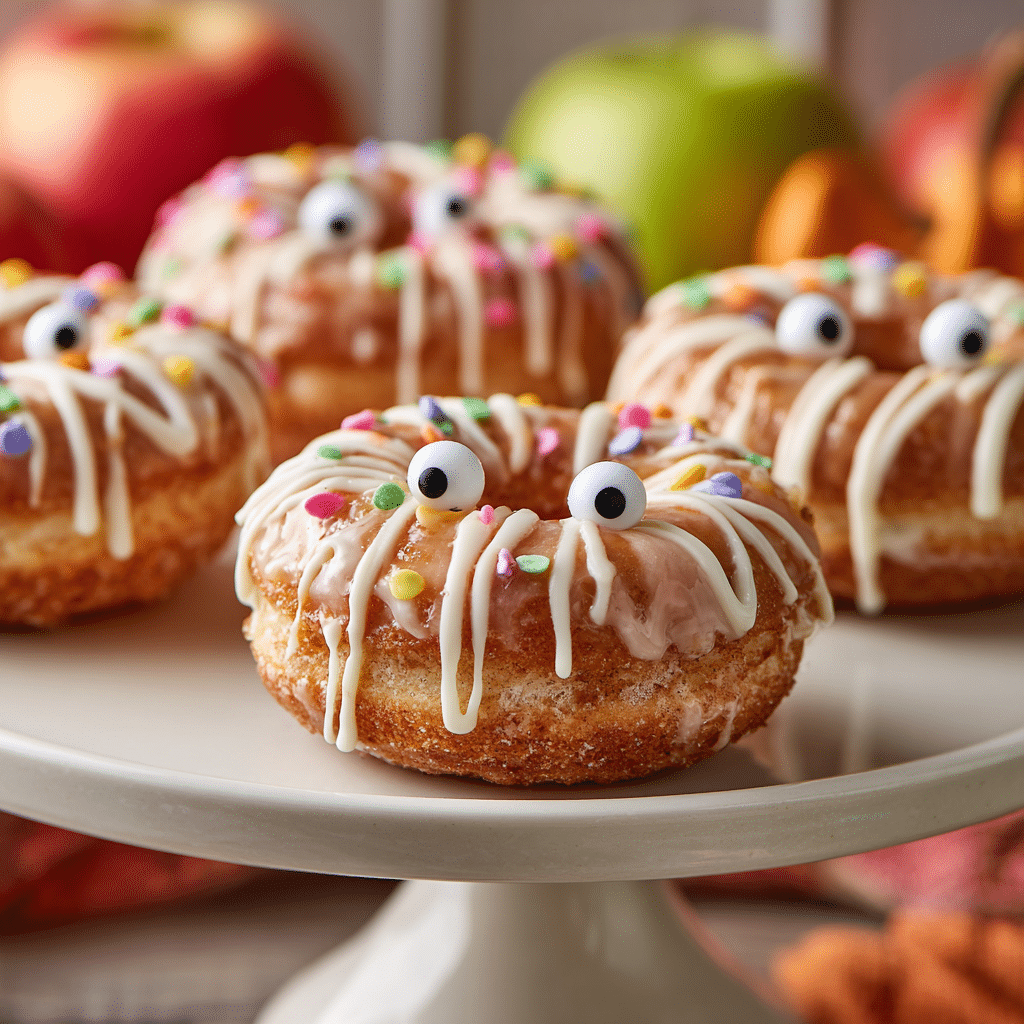 Decorated spooky apple cinnamon donuts with candy eyes