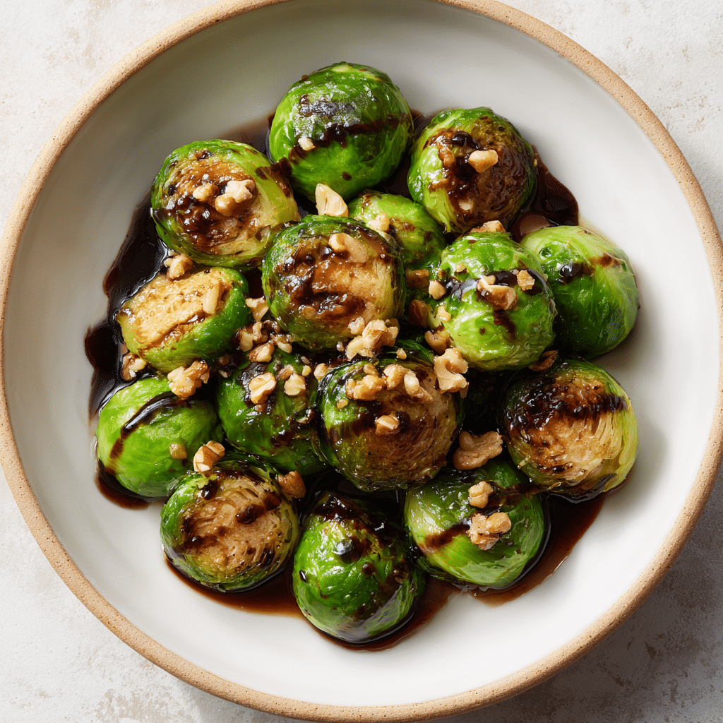 Roasted Brussels sprouts with balsamic drizzle on plate