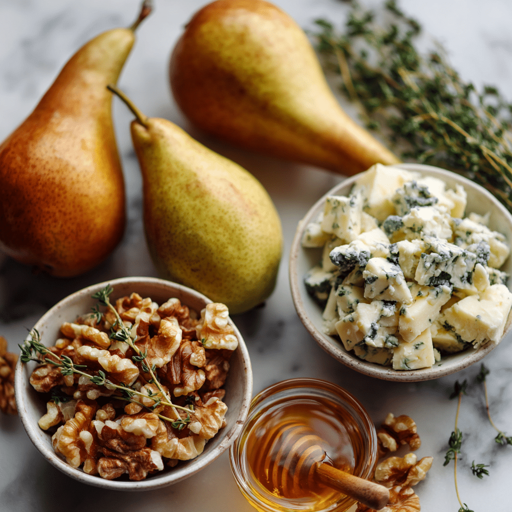 Ingredients for pear, walnut, and blue cheese bites