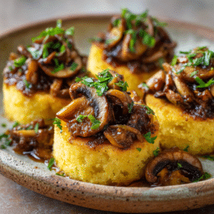 Mini Polenta Cakes with Mushroom Ragù on rustic plate