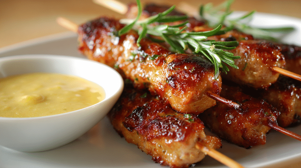 Chicken apple sausage skewers served with mustard dip and rosemary