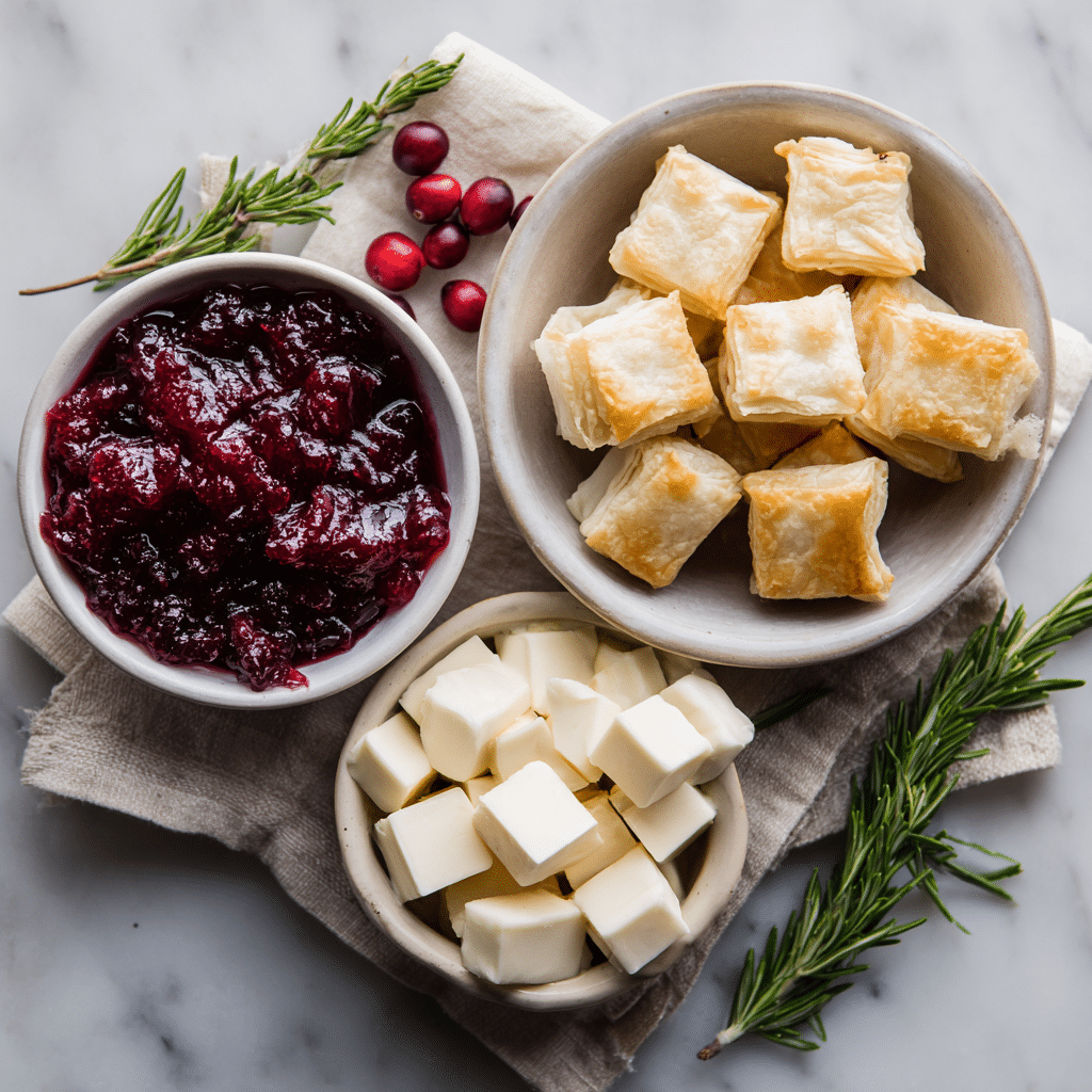 Ingredients for cranberry brie bites with gluten-free puff pastry