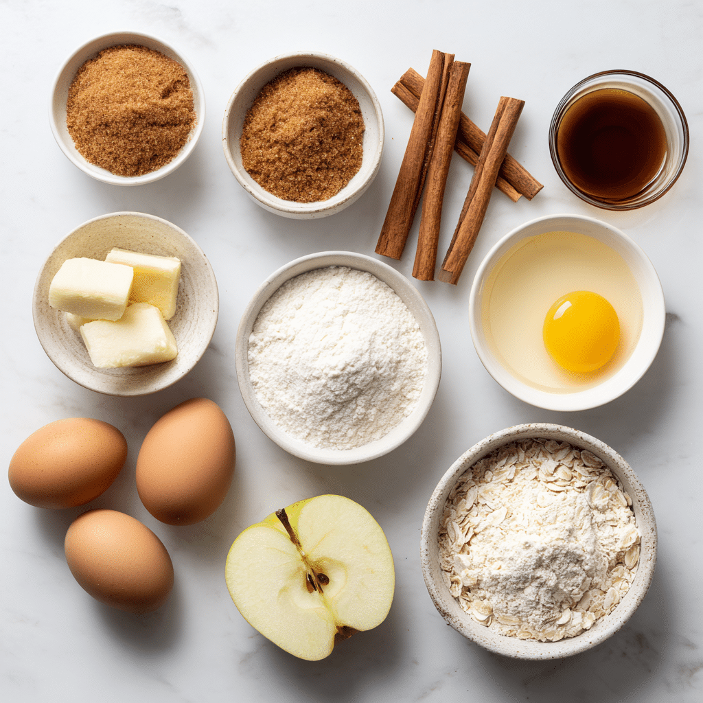 Ingredients for spooky apple cinnamon donuts on marble counter