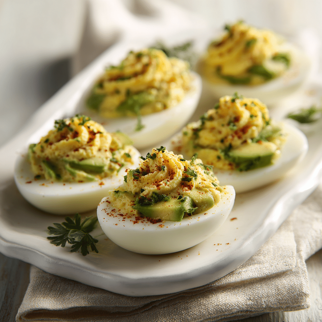 Avocado Deviled Eggs on White Platter