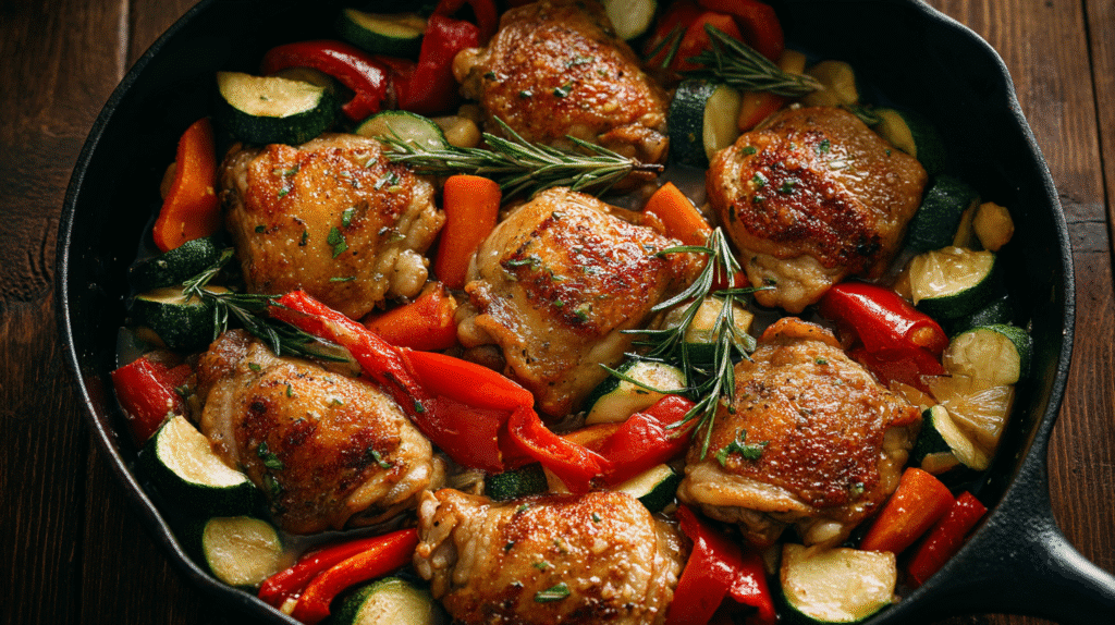 Honey Garlic Chicken und Veggie Skillet served in a rustic pan