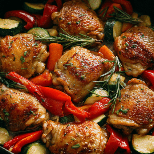 Honey Garlic Chicken und Veggie Skillet served in a rustic pan
