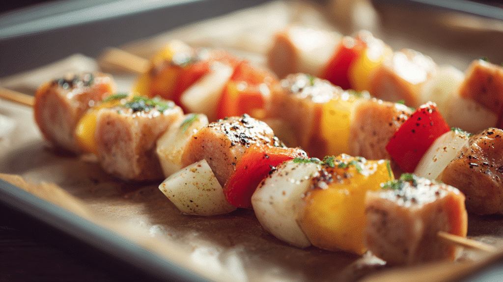 Assembled uncooked chicken apple sausage skewers ready for the oven