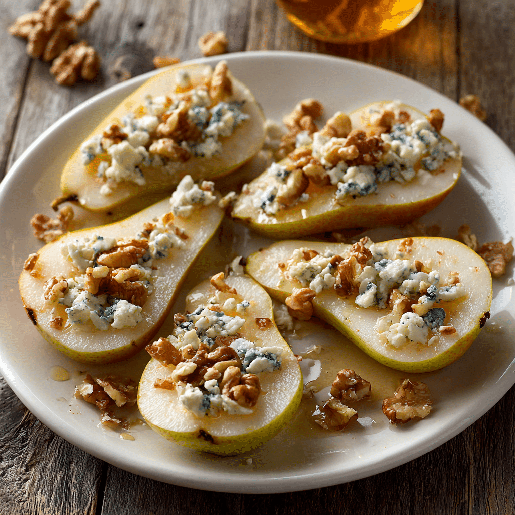 Pear, Walnut, and Blue Cheese Bites served on a white plate