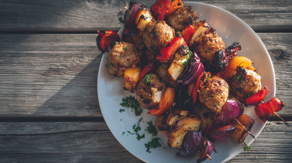 Chicken apple sausage skewers on a white plate with apple and onion