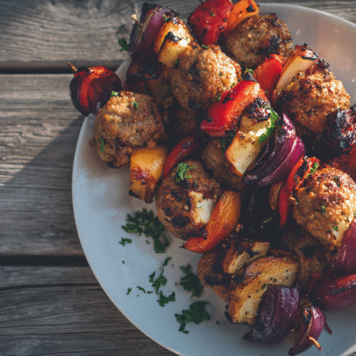 Chicken apple sausage skewers on a white plate with apple and onion