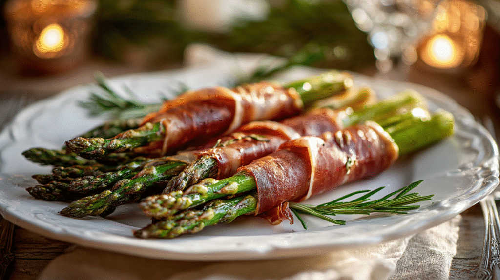 Prosciutto-Wrapped Asparagus on White Platter