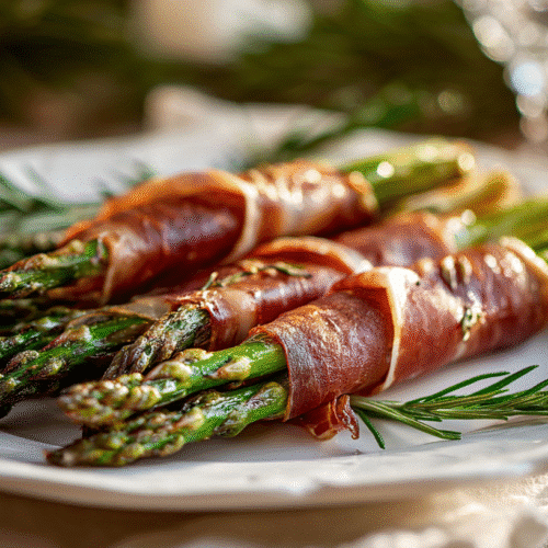 Prosciutto-Wrapped Asparagus on White Platter
