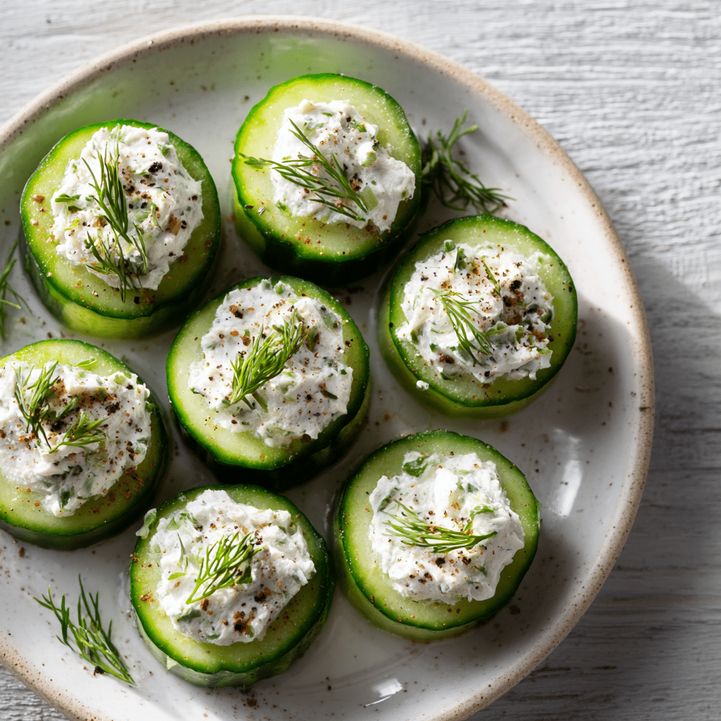 Cucumber Cups with Herbed Cream Cheese served on white plate