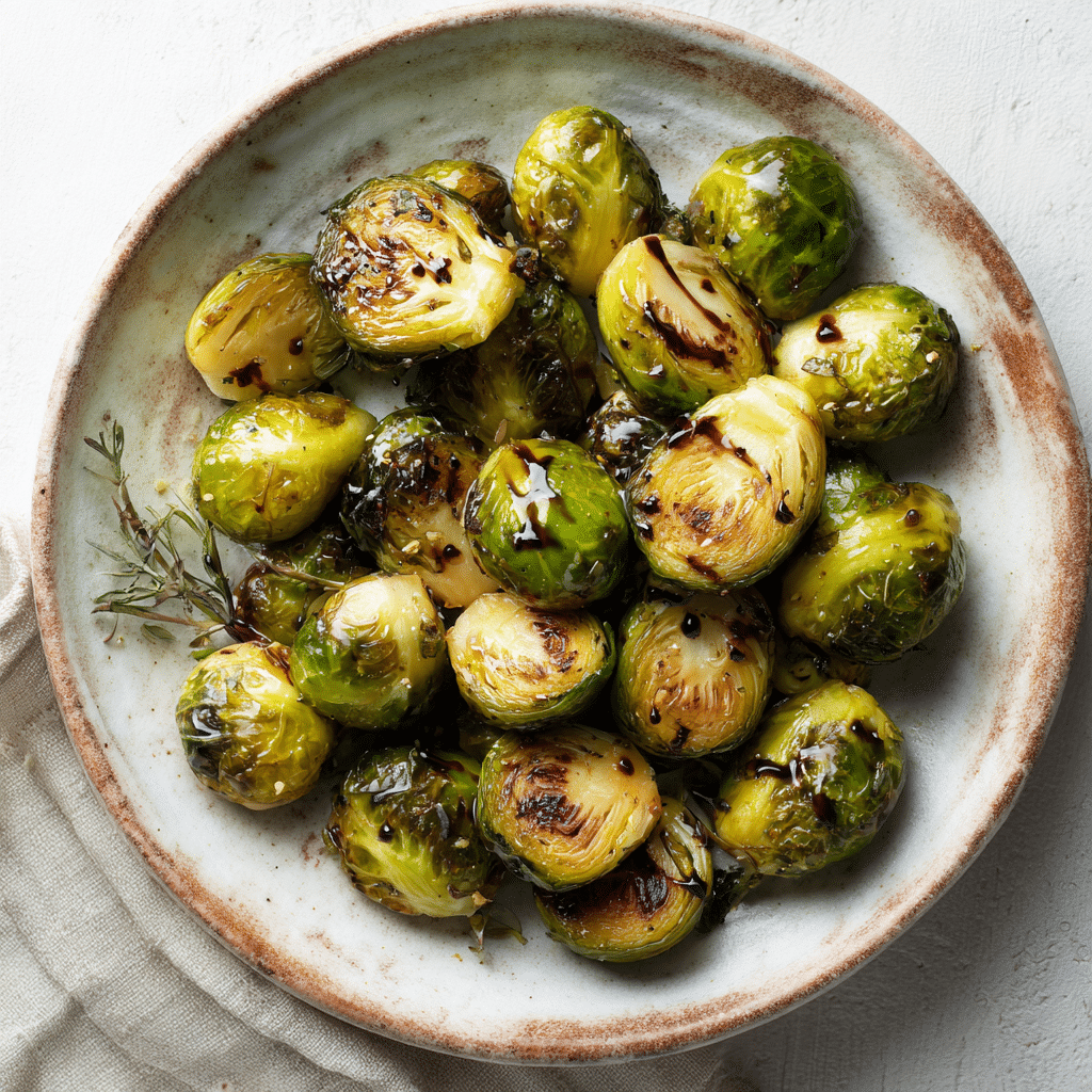 Close-up of roasted Brussels sprouts with balsamic drizzle