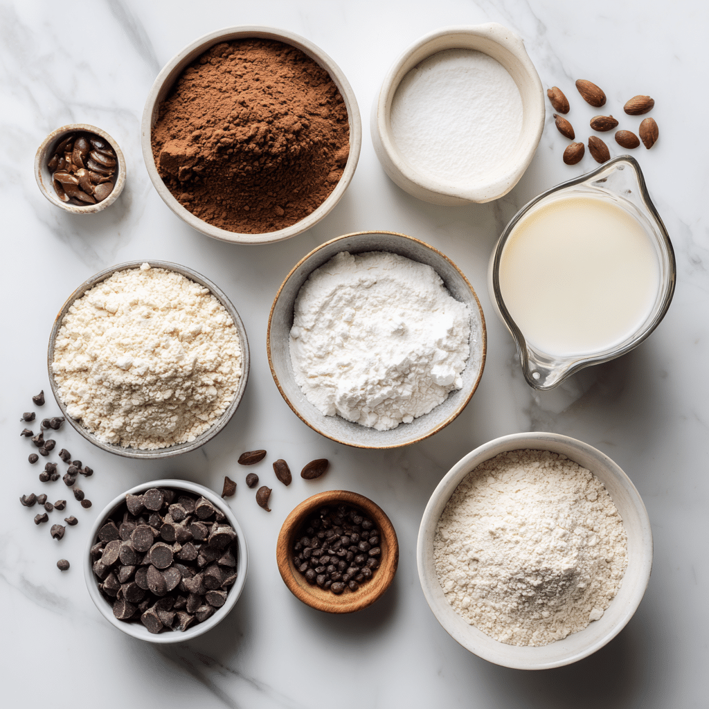 Ingredients for dairy free gluten free chocolate cake on marble