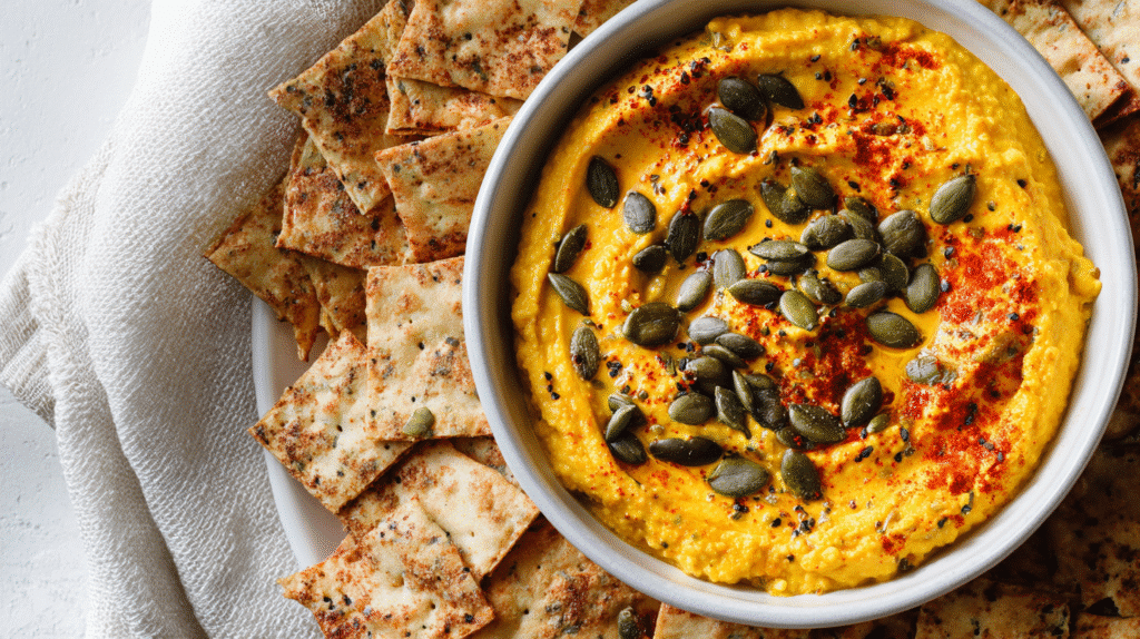Final serving of pumpkin hummus with gluten free chips