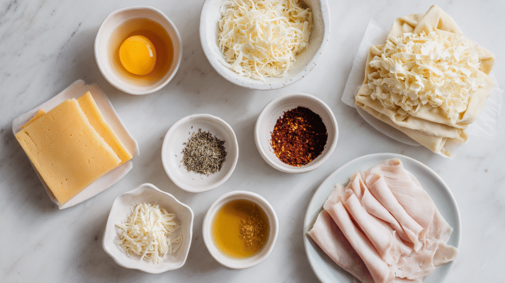 Ingredients for Mini Turkey and Cheese Pinwheels on a countertop